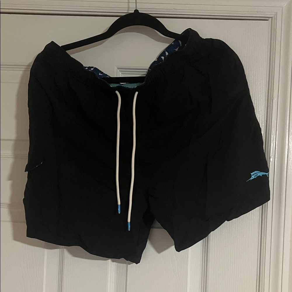 Tommy Bahama Black Swim Shorts with Blue Marlin Logo